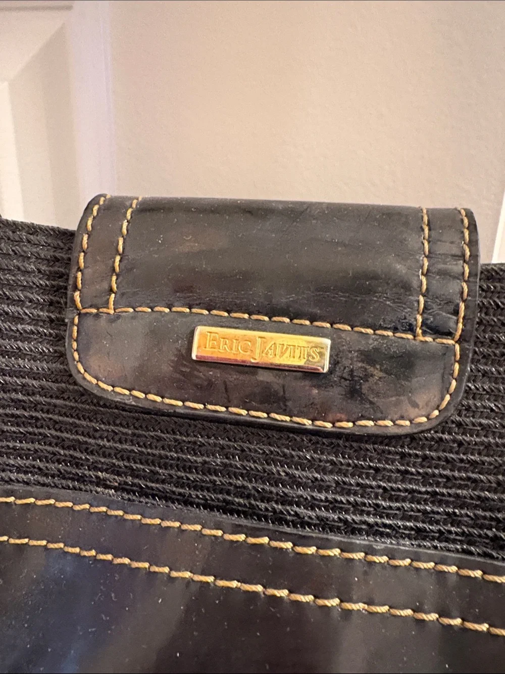 Eric Javits Straw Black Woven Handbag with Gold Hardware and Black Patent Lining